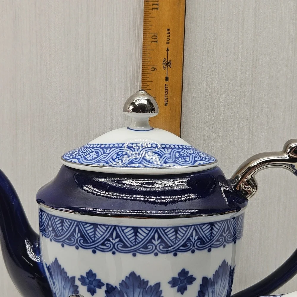 Bombay Blue White Porcelain Tea Set Teapot Sugar Creamer Silver Trim 3 Piece